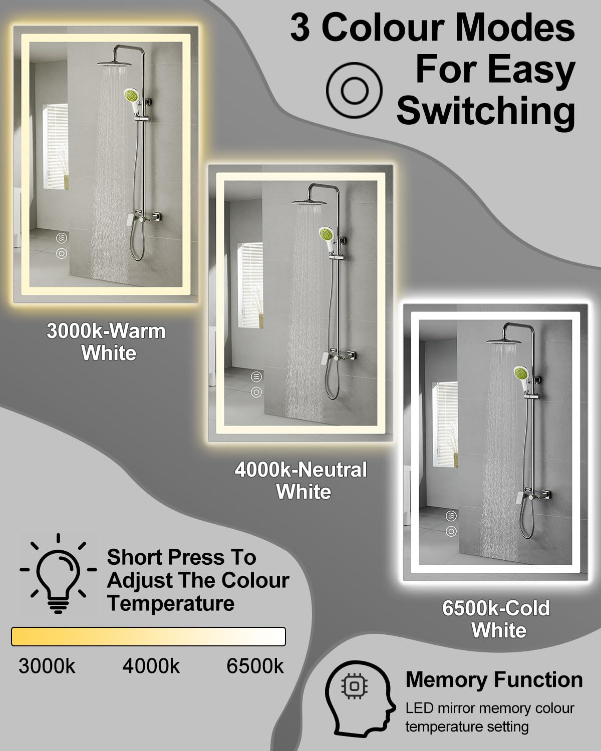 Lustro łazienkowe z oświetleniem LED, 50 x 70 cm, z włącznikiem dotykowym, przeciwmgielne, możliwość ściemniania, 3 temperatury barwowe, funkcja pamięci, wodoszczelne (IP44), lustro łazienkowe