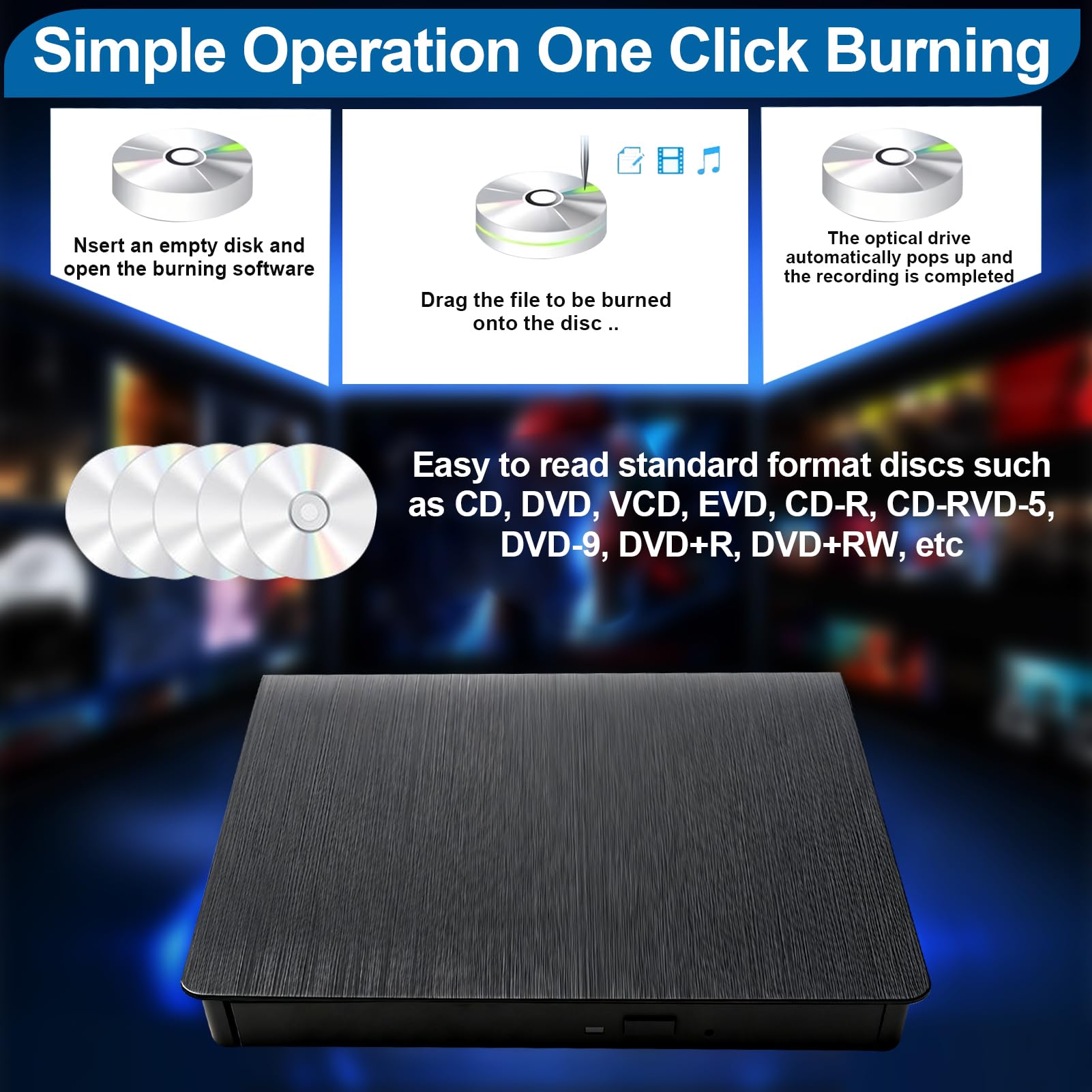 Veridius External CD DVD Drive for USB 3.0 Slim Portable CD DVD Drive Player Burner Writer Reader Rewriter Optical Disc for Laptop PC Desktop Mac IOS Macbook Pro Windows 11 10 8 7 / XP Vista Linux — view 6