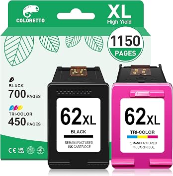 COLORETTO 62XL Ink Cartridges Black and Color Replacement for HP Ink 62, 62 XL for HP 62 Ink Cartridge Combo Pack HP62 Work with Envy 7640 5660 5540 7645 5740 5746 OfficeJet 250 200 Printer 2 Pack