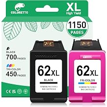 COLORETTO 62 XL Remanufactured Printer Ink Cartridge Replacement for HP 62XL Compatible with Envy 5540 5542 5640 5642 Officejet 200c 250 258 5742 5743 5744 1 Black+1 Color Combo Pack