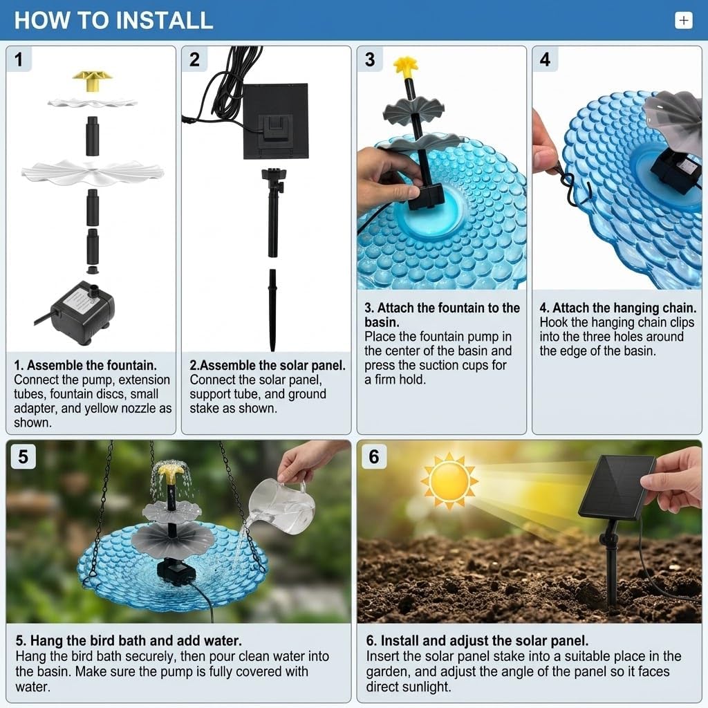 WesGen 3-Tier Solar Cascading Bird Bath Fountain with Glass Basin