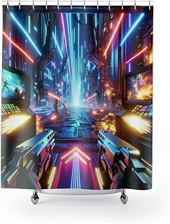 Shower Curtain, Cyberpunk Gaming Shower Curtain, Neon City Design, Polyester Fabric, Digital Art Bathroom Decor
