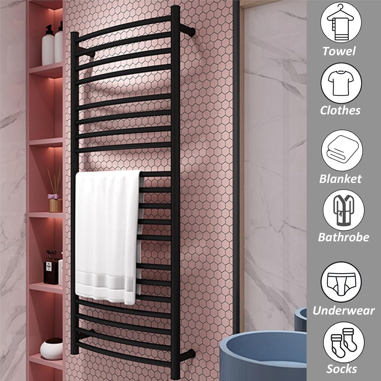 Towel Warmer Black,Plug in Right,Wall Mounted Heated Towel Rack for Oversized Towels Bathrobes and Blankets,Fast Heating Drying,Stainless Steel-Silver-Plug in Left(Black,Plug in Le