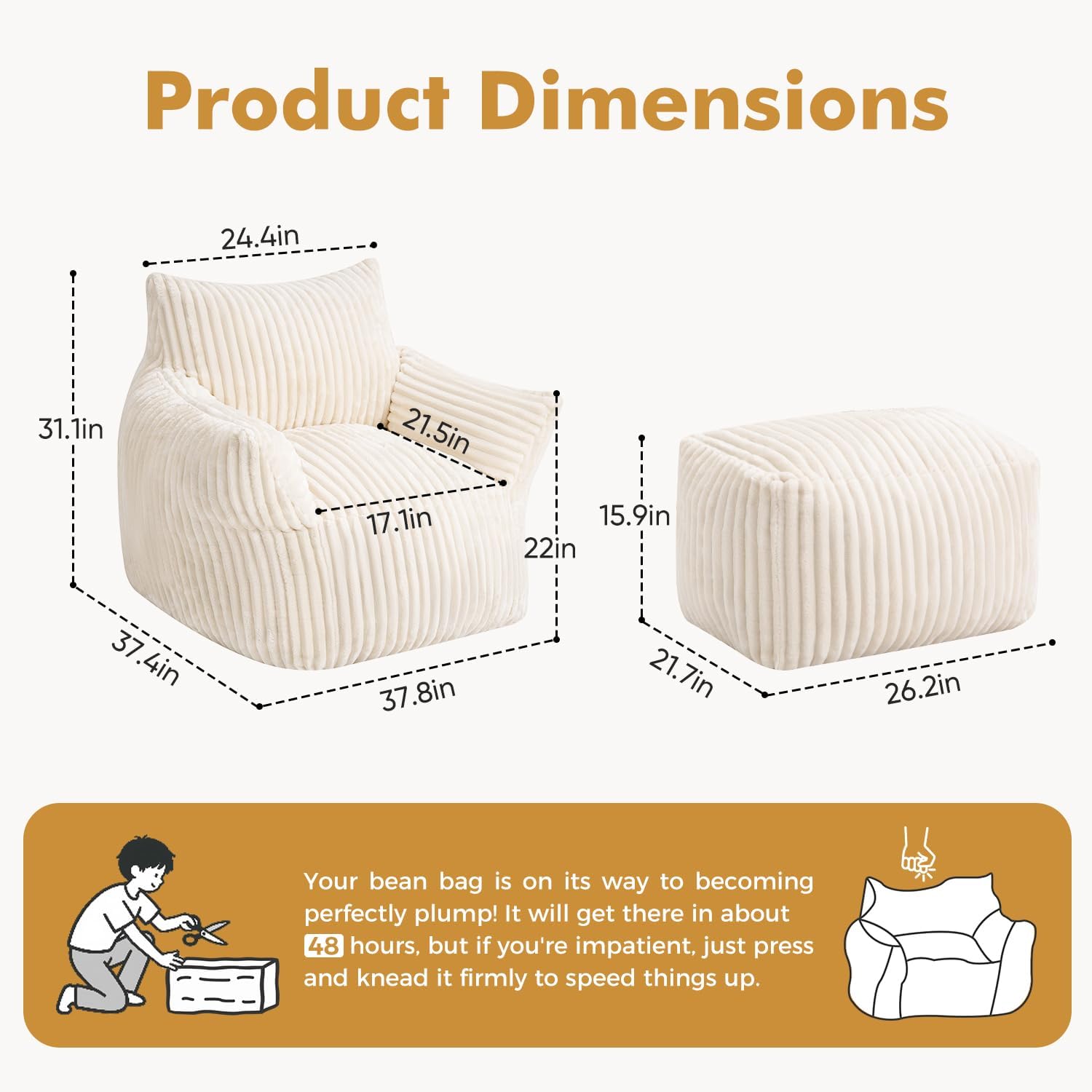 JULY'S SONG Bean Bag Chair with Ottoman for Adults, Fluffy Cream Lazy Couch Sofa Chair with Armrests for Living Room, Bedroom & Dorm