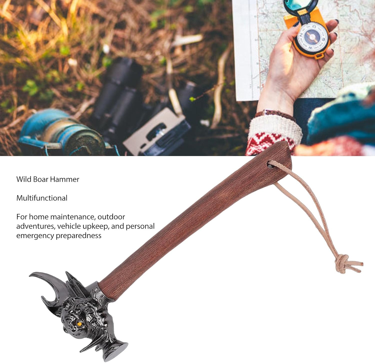 FTVOGUE Wild Boar Hammer, Stainless Steel Head with Silver Alloy Reinforcement, Wood Handle with Steel Core, Natural Hand Alignment, for Home Maintenance Outdoor Adventures Vehicle (Silver)