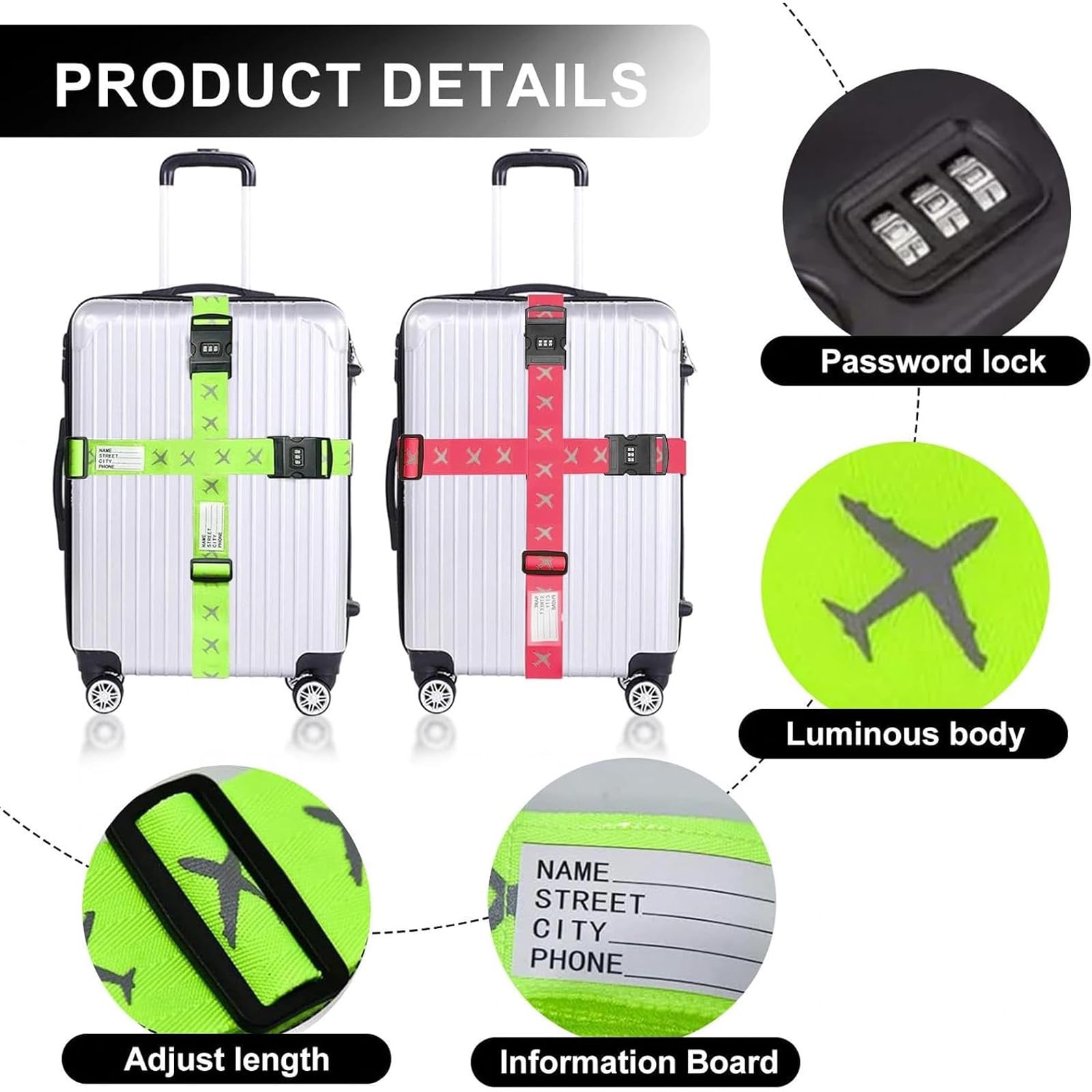 4 Pièces Sangle Valise Voyage avec Code, Sangles pour Bagages Réglables Ceinture Valise, Ensemble de Sangle de Bagage Croisées avec Etiquette pour Valise Bagage Sac de Voyage, Vert + Rose