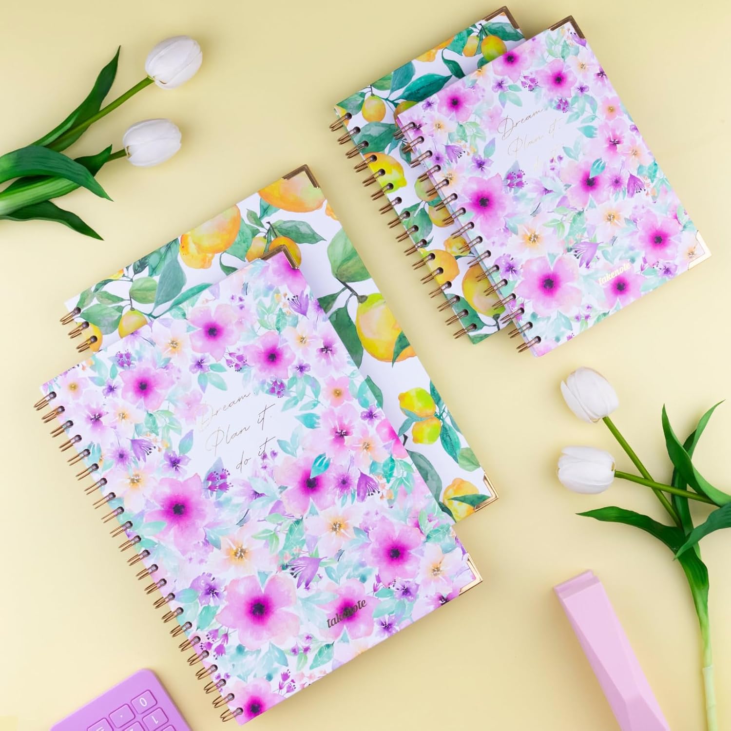 Dreambook Notebook A4 - Blank Interior, 192 White Pages, Size 21.5 x 30 cm, Hard Cover, Double Gold Spiral (Wire’o) - Takenote Valentina