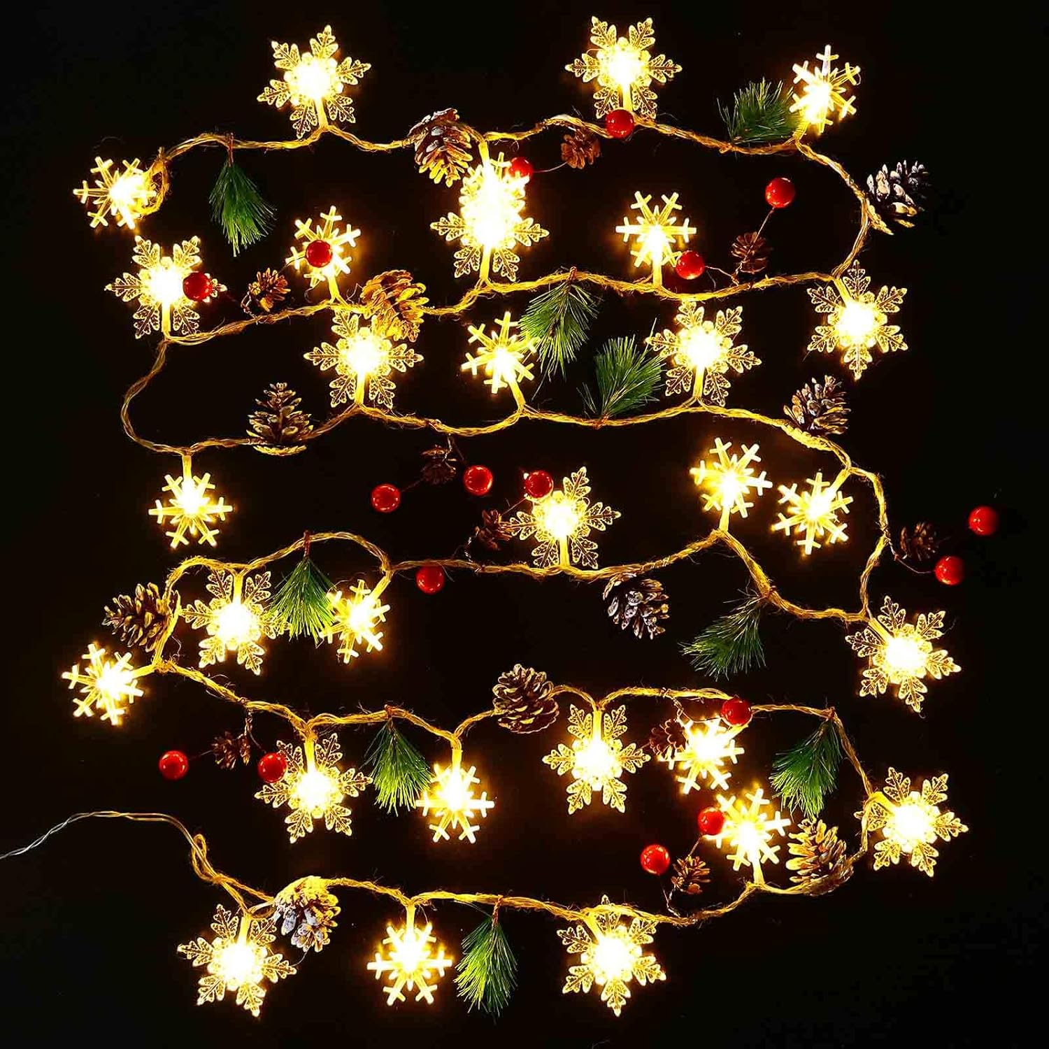 30 Led 10ft Christmas Garland Snowflake Lights, Pine Cones Red Berry Battery Operated Fairy String Lights 8 Lighting Modes with Timer Indoor Outdoor Tree Decor Fireplace Mantle Decorations Warm White - Image 6