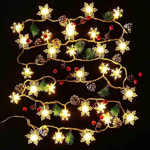 Miniatura 6 de onbuwws Guirnalda de luces de Navidad, 30 luces LED de piña, copos de nieve, funciona con pilas, impermeable, para decoración de interiores y