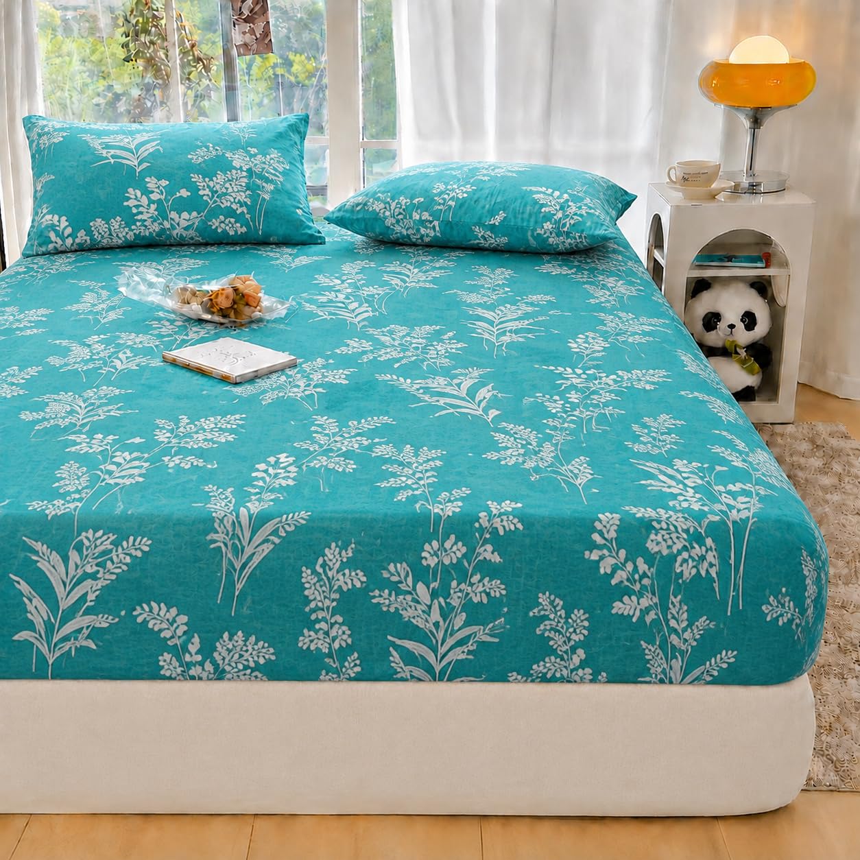 VOMZER 300 Tc Geometric Elastic Fitted Bedsheets Queen Size With 2 Pillow Covers | Double Bed With All Around Elastic, Size 60 X 78 X 10 Inches (Aqua Lily)