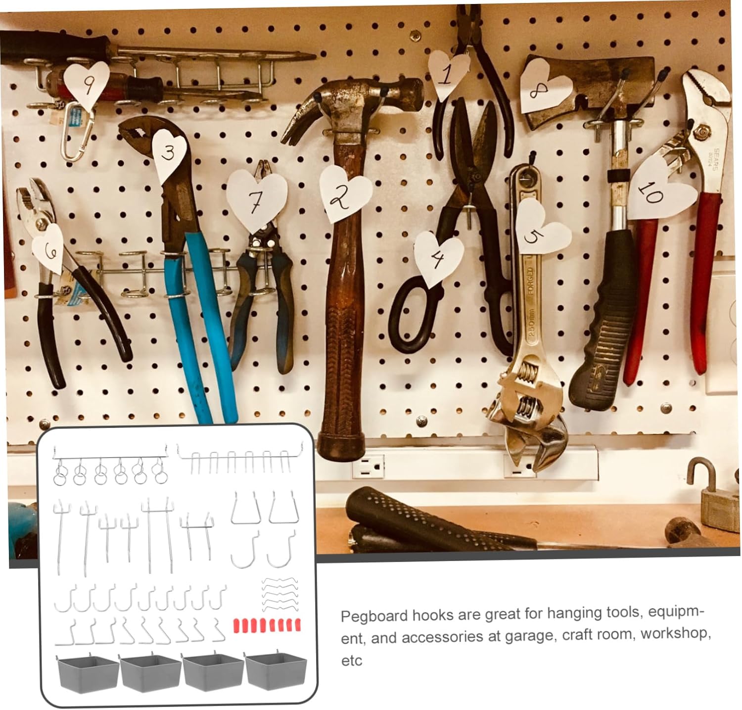 114pcs Pegboard Hooks and Bins Organizer for Garage and Workshop Tool Storage Various Hook for Easy Organization