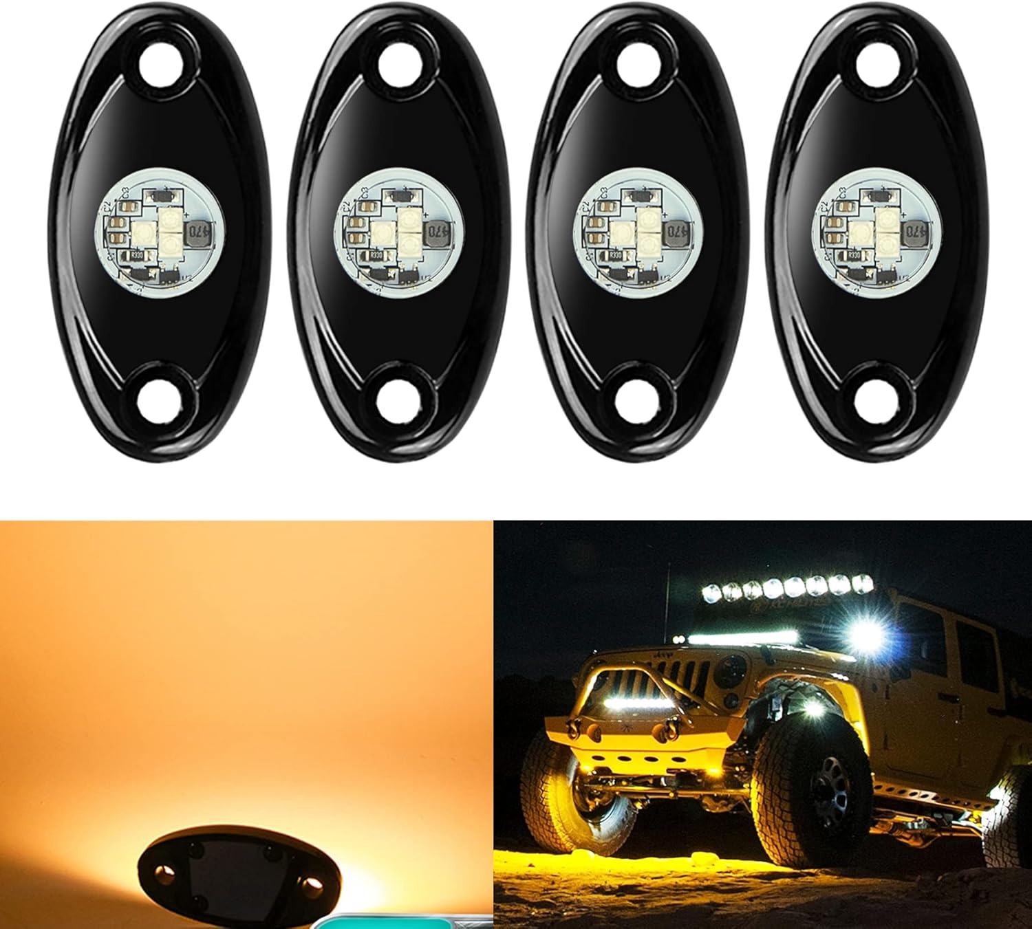 4 Pods LED Rock Lights, Ampper Waterproof LED Neon Underglow Light for Car Truck ATV UTV SUV Offroad Boat Underbody Glow Trail Rig Lamp (Yellow)