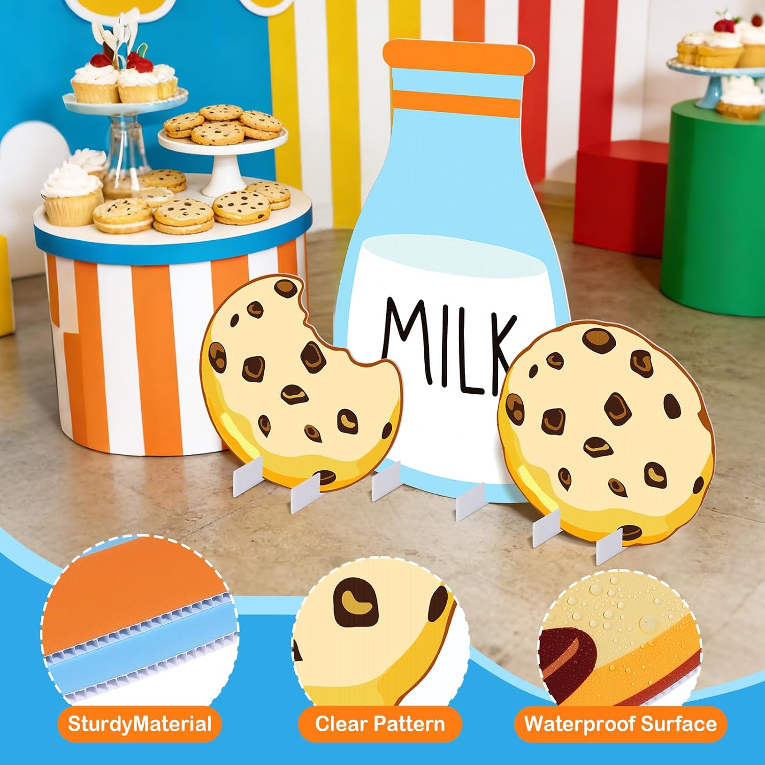 3 Pack Large Cookie Cardboard Cutout Stand-Up, Chocolate Chip Milk and Cookies Party Decorations, 24 Inch Cartoon Photo Props Backdrops for Birthday Baby Shower Gender Reveal Party Supplies