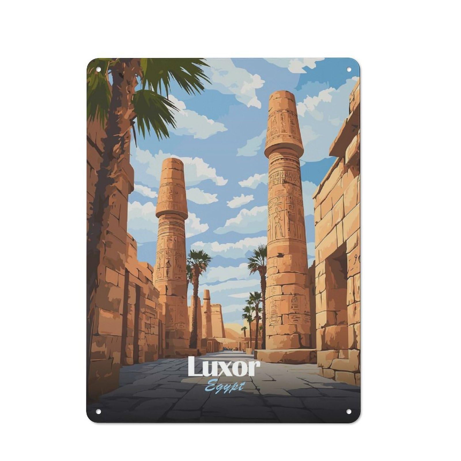 Junmoney Style-21 Tin Sign With Luxor Egypt Temple Illustration Design 40X30cm, Understated Studio Wall Plaque For Hobby Room, Office, Lounge Or Living Room