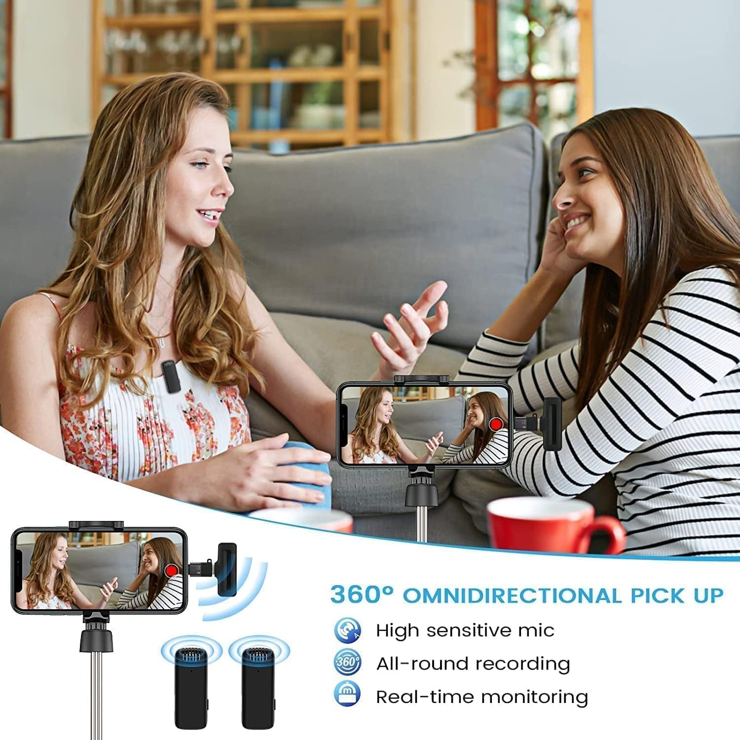SKYCELL Microfono wireless J13, risvolto con riduzione del rumore con custodia di ricarica, wireless a doppio canale per YouTube, registrazione video, Facebook, compatibile con Type-C e iPhone