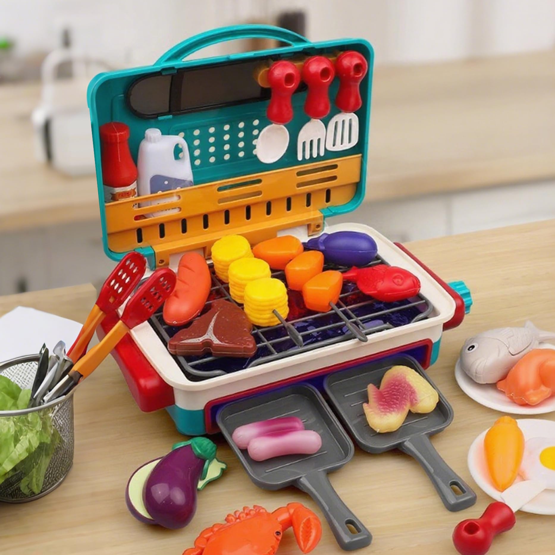 Set da Gioco per Barbecue per Bambini, 35 Pezzi/Set, di Giocattoli da Cucina Simulati per Alimenti Che cambiano Colore, con Fumo e Luce, Accessori da Cucina Divertenti in 2 modalità per Ragazze