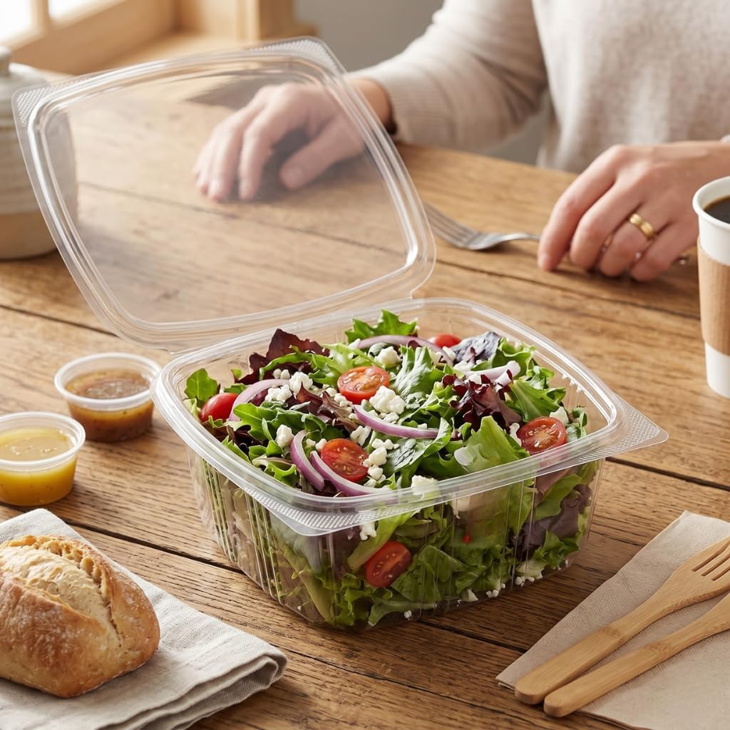 Recyclable Clear RPET Hinged Deli Container, 64 oz, Rectangle, Stackable, 7 7/8 x 8 Inches, Single Compartment, 200 per Case