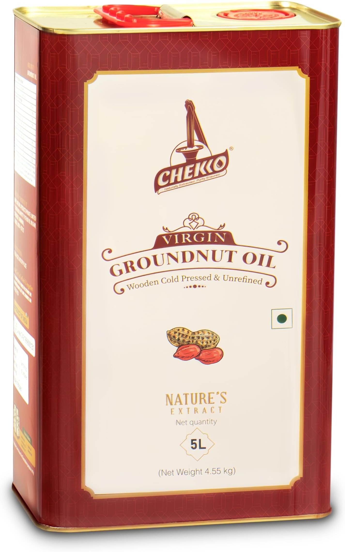 Chekko Peanut Oil Cold Pressed | 5 Liter (169 Fl Oz) | Groundnut Oil | Unrefined Wood Pressed | Pure Natural Non-GMO Cooking Oil for Deep Frying