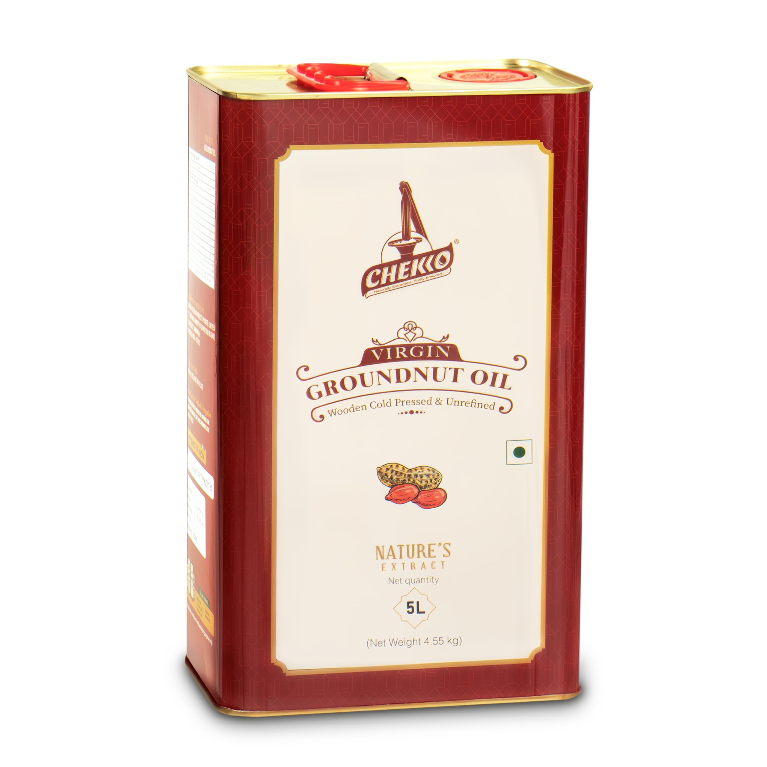 Chekko Cold Pressed Virgin 5L Groundnut / Peanut Oil | 100% Natural, Pure, Non GMO & Wood Pressed 169 FL.Oz for Cooking
