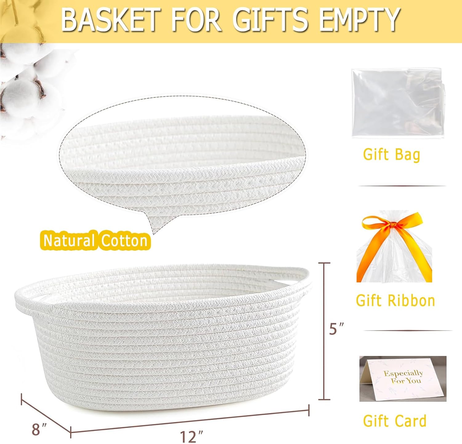 Gift Basket Empty, Small Woven Storage Basket with Gift Bags & Ribbons, Cotton Rope Room Shelf Storage Basket with Handle for Organizer Nursery Bins or Baby Shower 12" x 8" x 5" (White, 4 Pack)