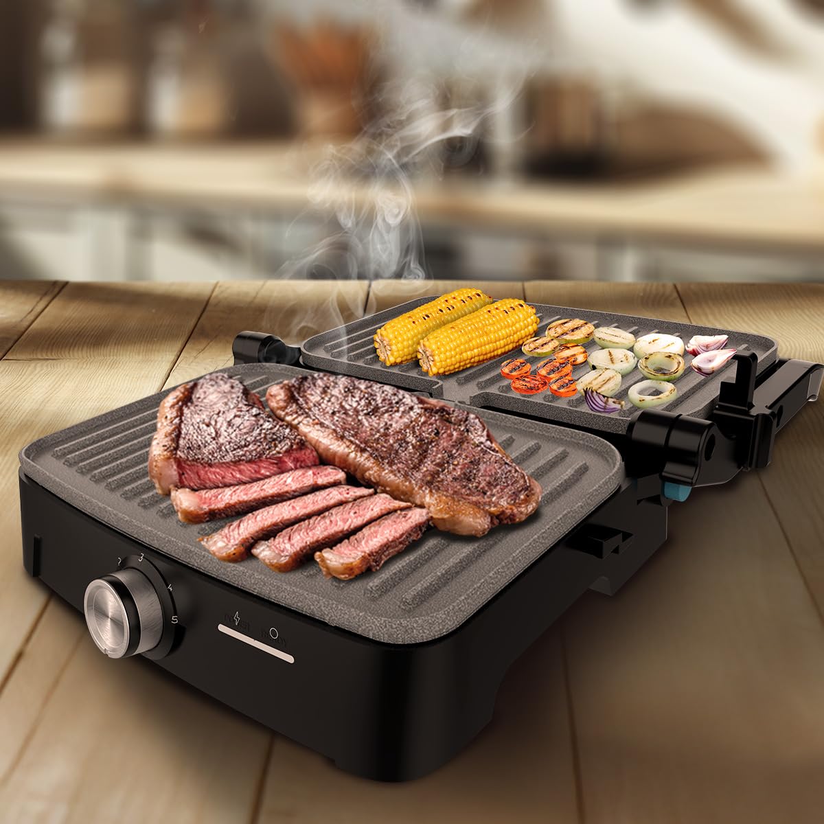 Cecotec Gril Électrique avec Grill Rock'nGrill 2000 Full Open. 2000W, Ouverture 180º, RockStone Antiadhérent, Plaque Flottante, Bac Récupérateur de Graisse, Rangement Vertical, 279x229 mm