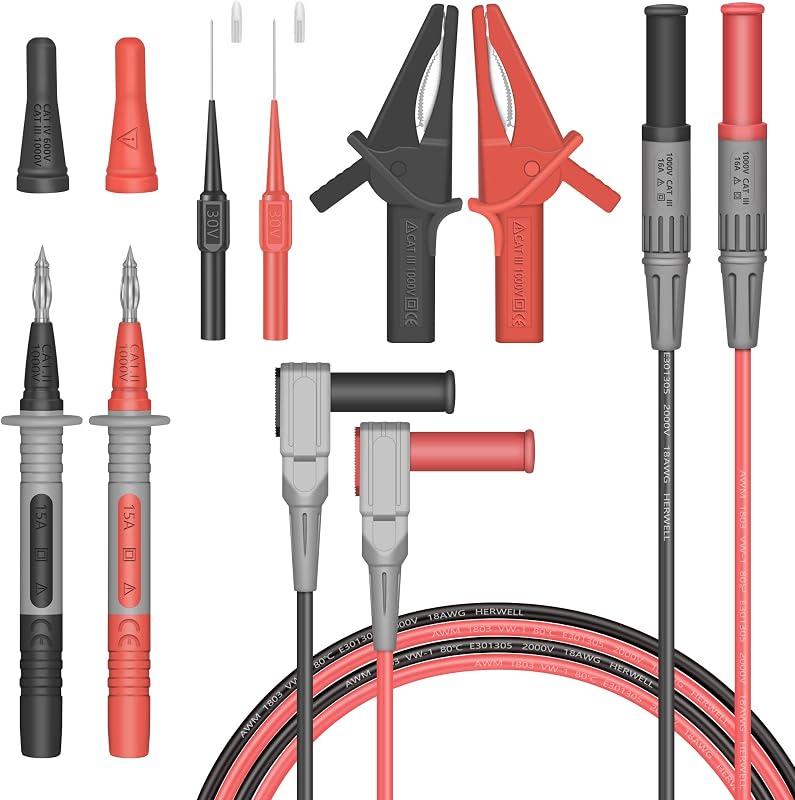 Juego de cables de multímetro con doble aislamiento, cables de prueba de multímetro de 30 A | con pinzas de cocodrilo, conectores tipo banana de 4 mm, sondas multímetro, clavijas de sonda traseras con aguja de 0,7 mm, cables eléctricos y de voltímetro