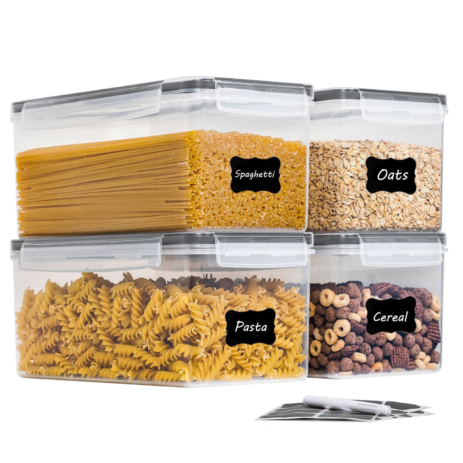 4 recipientes de almacenamiento de pasta, 27.4 x 13 x 11.7 pulgadas, recipientes de alimentos con tapas herméticas, recipientes de plástico para pasta con calcomanías, recipientes de cocina para