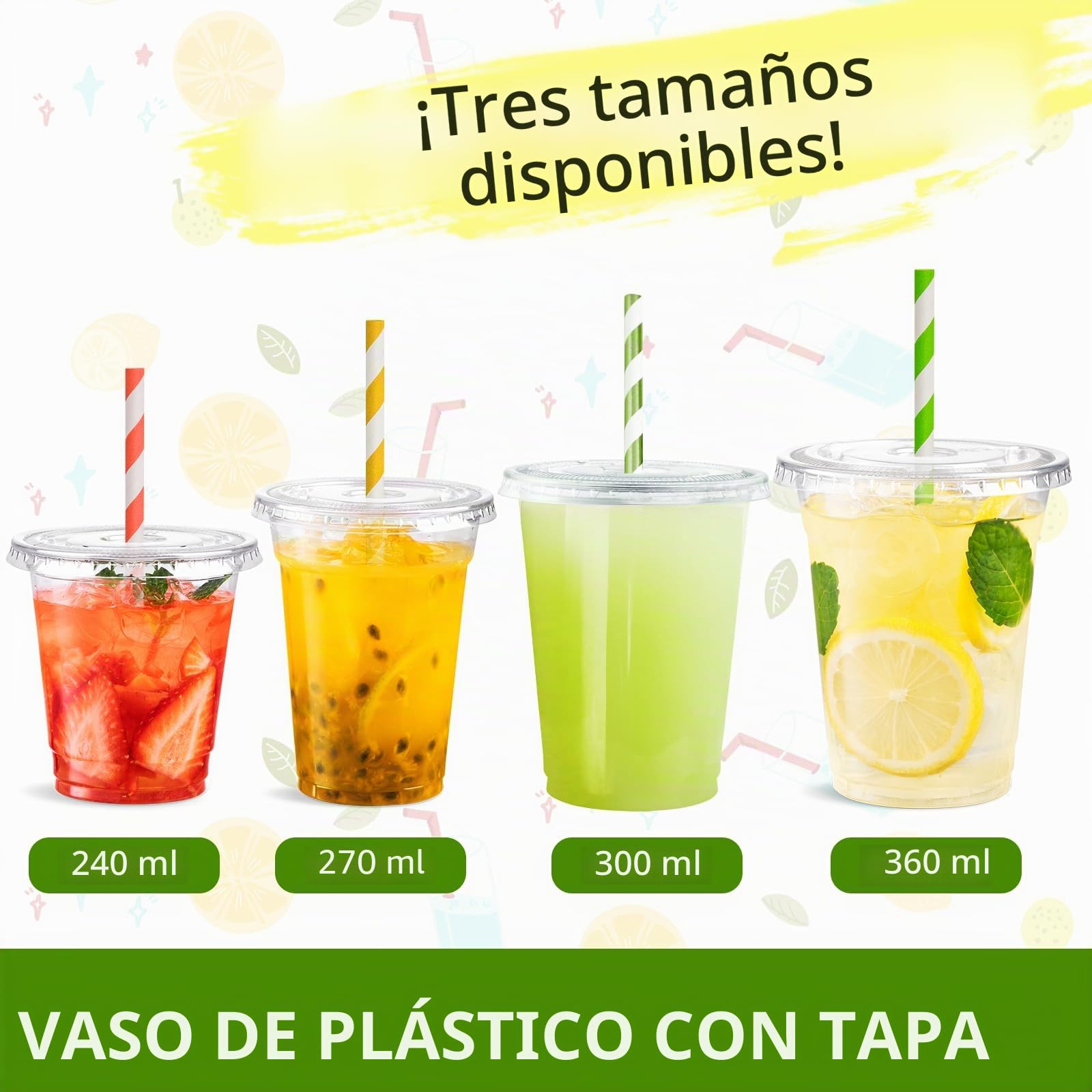 Eupako 100 vasos de plástico de 300 ml con tapa desechables vasos transparentes | Para bebidas parfait y batidos, apto para frigorífico, vasos desechables apilables