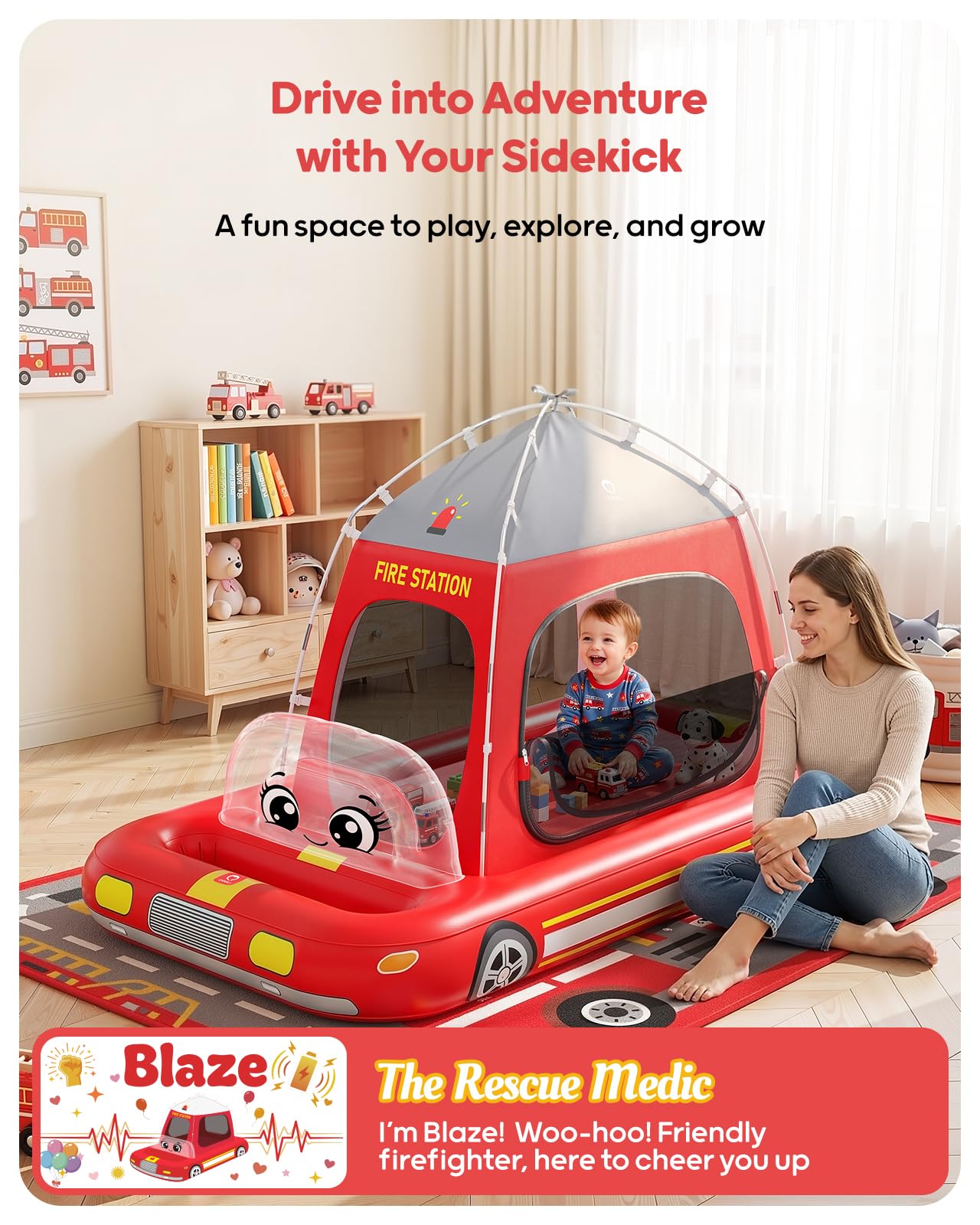 QPAU Inflatable Toddler Travel Bed with Tent Truck Red
