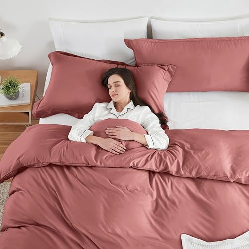 Miniatura 5 de Hearth & Harbor Juego de funda de edredón individual  Funda de edredón de arcilla rosa suave para cama individual, doble cepillado