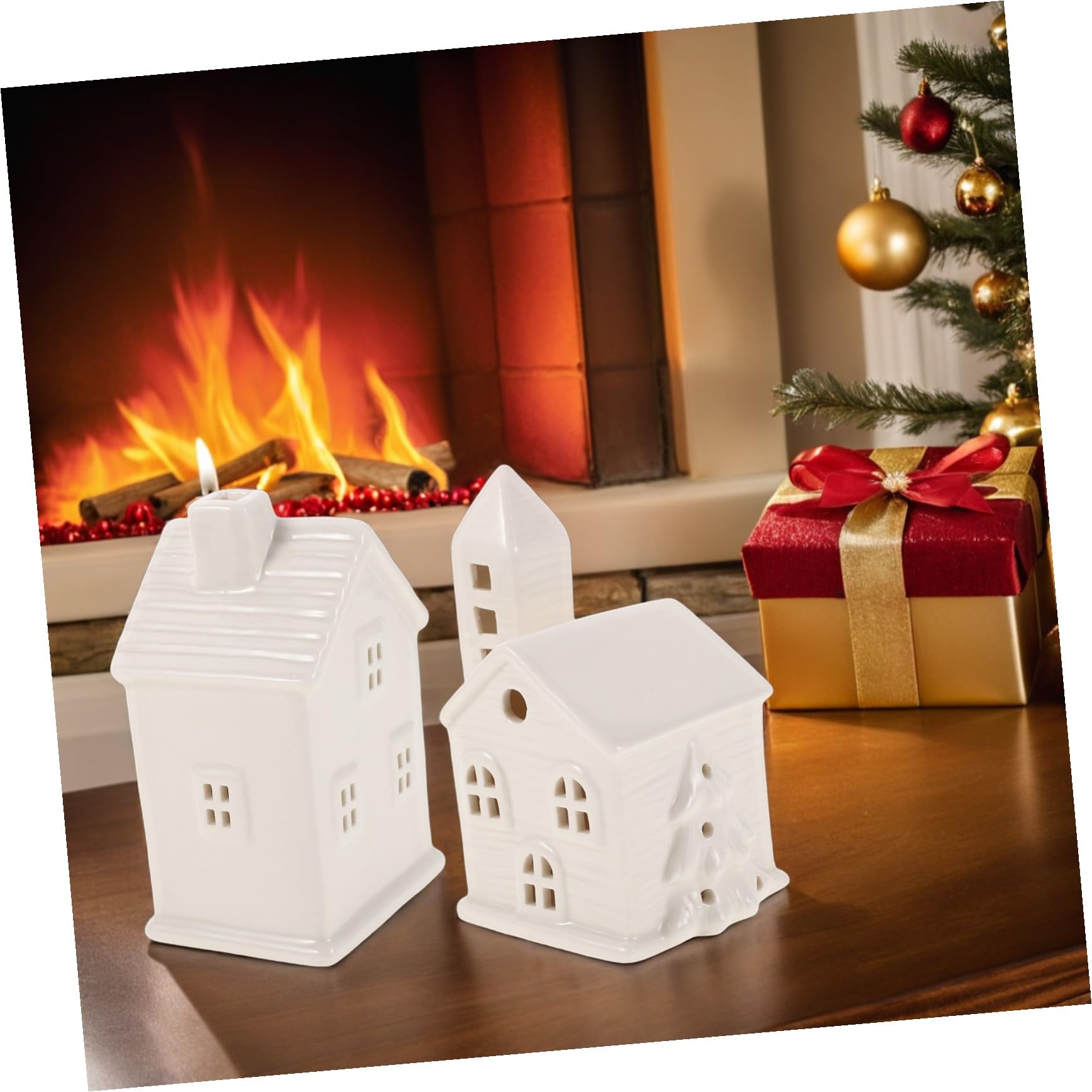 Ciieeo 2piezas Iluminación LED de Cerámica Adorno de Pueblo Casa Brillante de Cerámica Decoración Navideña de Pintada Mano Decoración de Árbol de Navidad Decoraciones Navideñas