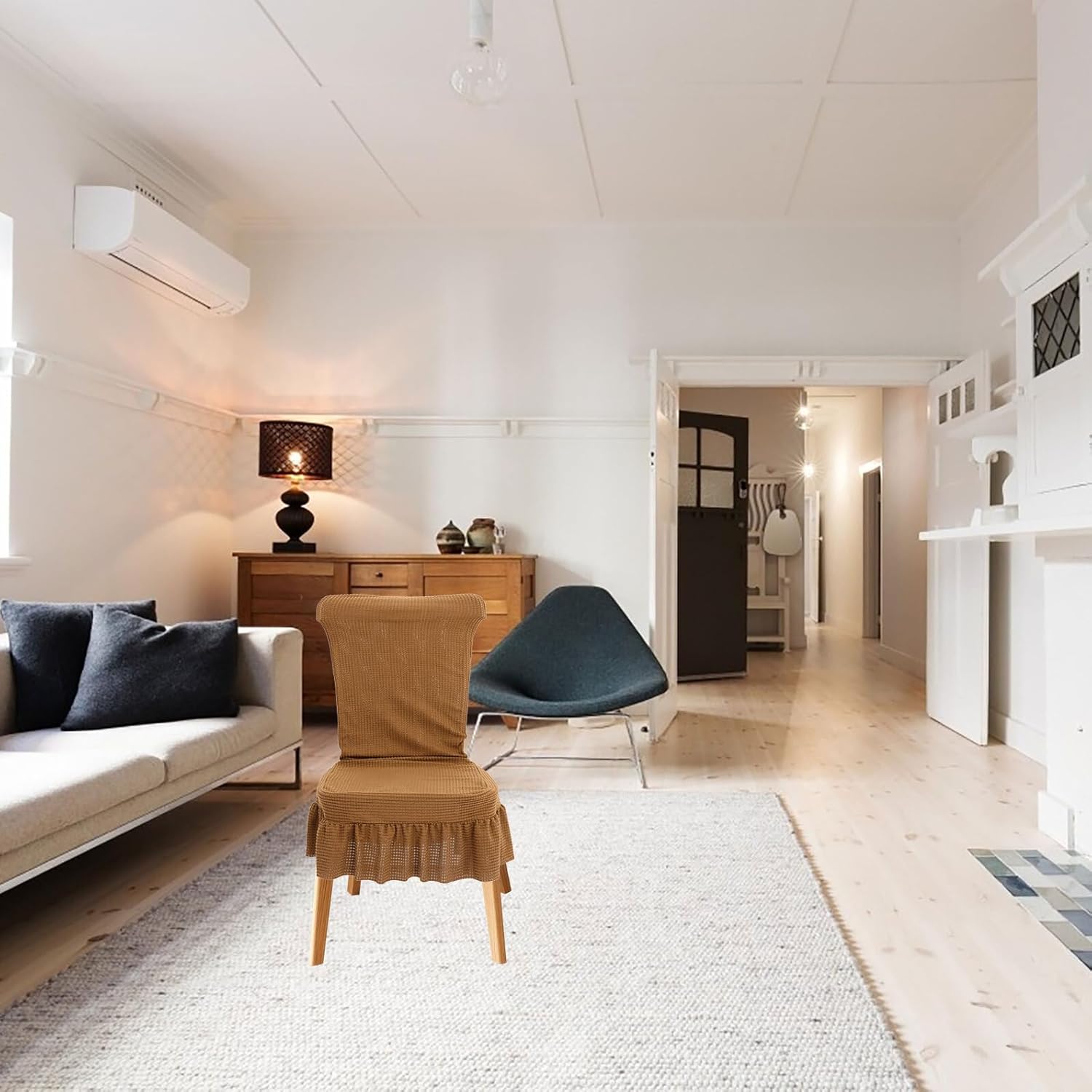 6pcs Waterproof Plaid Dining Chair Covers Elastic Household Chair Slipcovers with Ruffle Hem Light Coffee Color for Kitchen and Dining Room