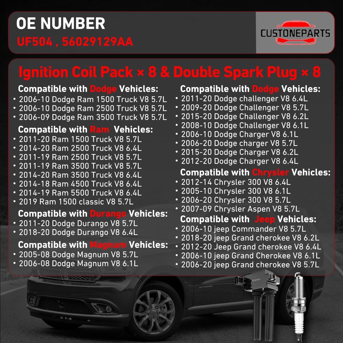 8 Pack Ignition Coil Spark Plug FIT 5.7L HEMI V8 (Ram 1500/2500/3500 09-20, Challenger 09-20, Charger 09-20, Durango 11-20, Chrysler 300 09-20, Grand Cherokee 09-20) Replaces UF504 56029129AA