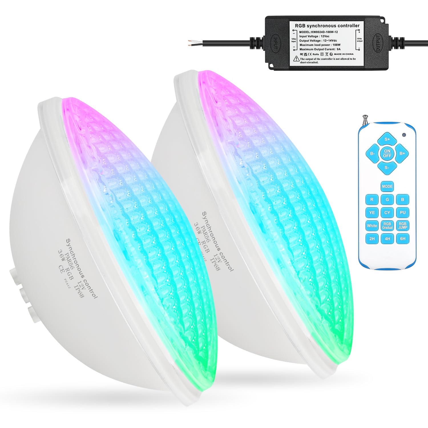 36W LED Foco de Piscina PAR56 RGB 12V Temporizador 2/4/6H Sincronizado Control Remoto IP68 Sumergible (2 Piezas)