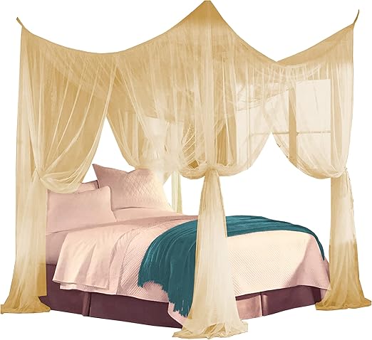 Just Relax Four Corner Post Decorative Elegant Bed Net Canopy Set, Beige, Full/Queen/King, 86.6x78.7x98.4 Inches