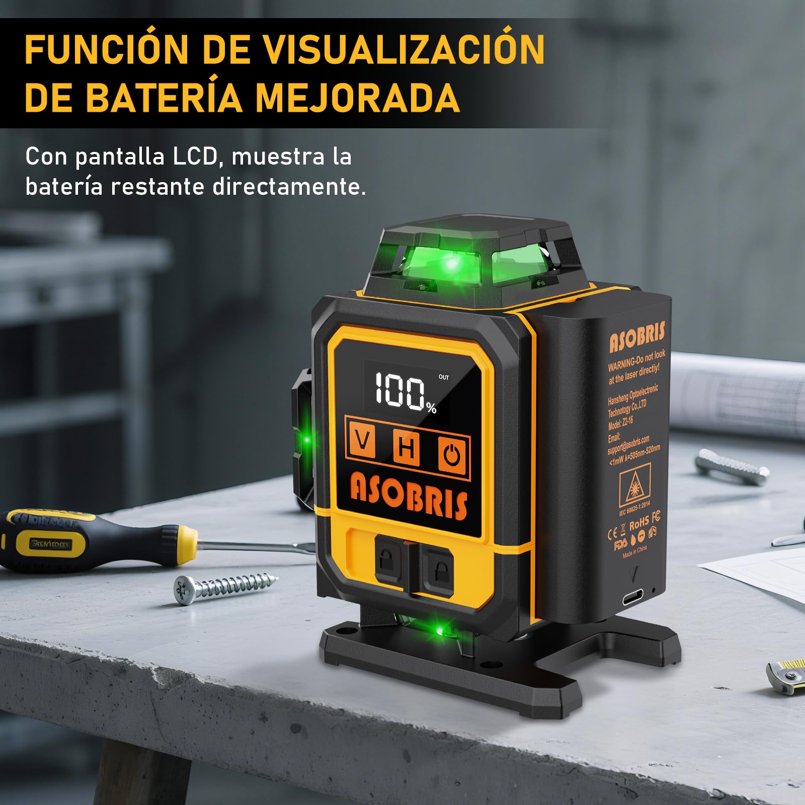 Nivel Laser Autonivelante 360 Grados Con Tripode,ASOBRIS Nivel Láser 4D Verde 16 Líneas,2 x 360 Horizontal y 2 x 360 Verticales,2 Batería Laser Level Para Construcción Exterior Función de Pulso (1)