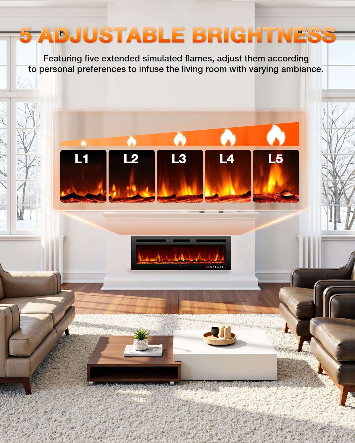 Electric Fireplace,Realistic Flame Electric Fireplace Heater,Log Set and Crystal Flames,750-1500W with Timer Inserts,Wall Mounted,TV Stand,Touch Screen and Remote Control for Living Room,50 Inch