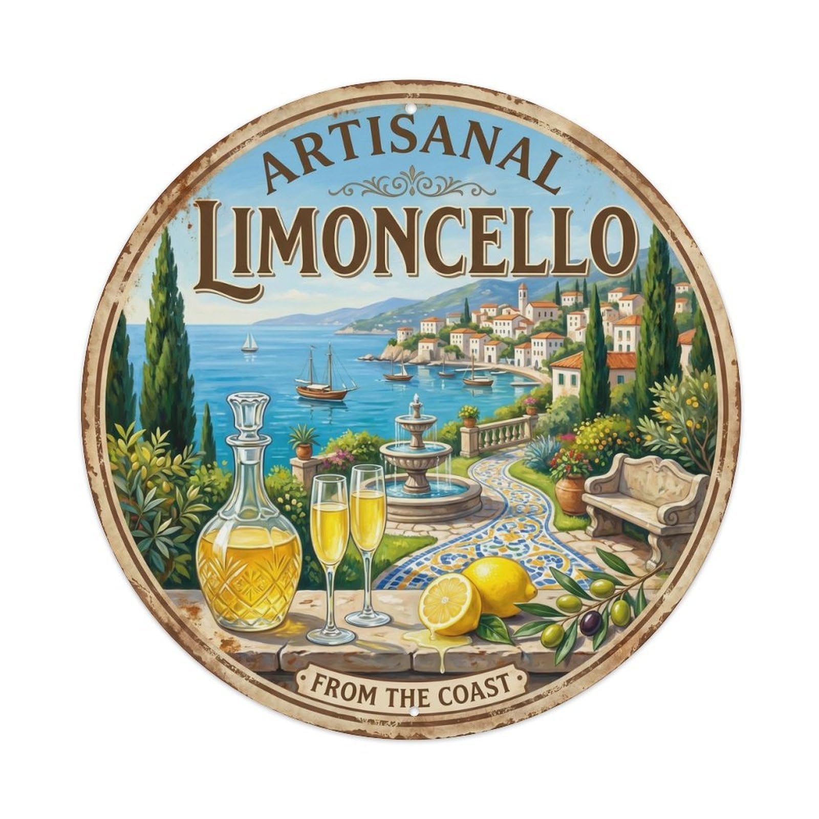 Fqcyn Style Mediterranean Limoncello Nectar Metal Tin Sign Plaque Wall Decor For Cafe, Club Bar, Office, Home Garden Round Metal Poster 8X8inch