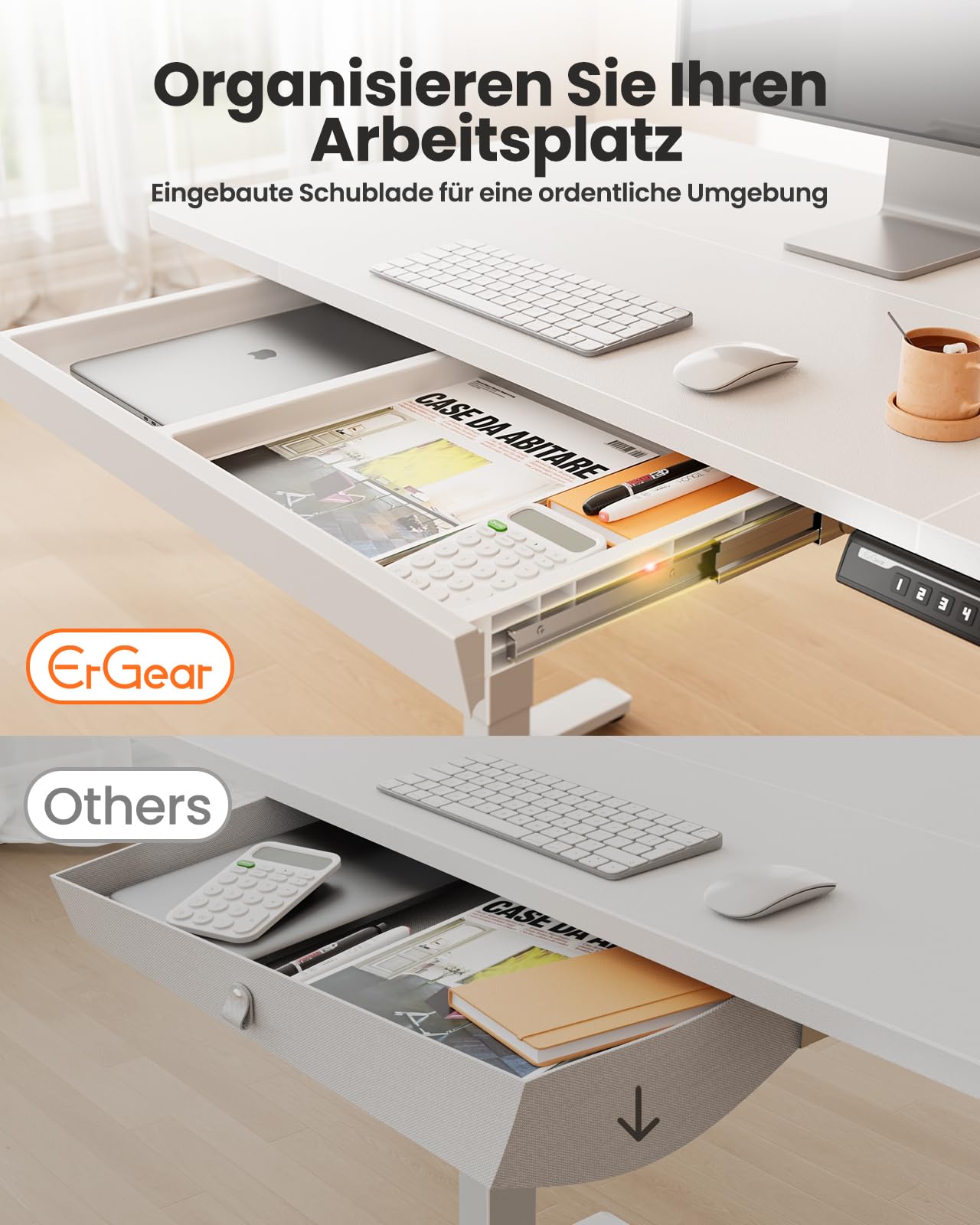 ErGear Höhenverstellbarer Schreibtisch, Elektrischer Schreibtisch Höhenverstellbar mit Schublade & 4 Speicher-Smartpanel, Tischplatte in Mehreren Abschnitten (160 x 80 cm, Weiße)