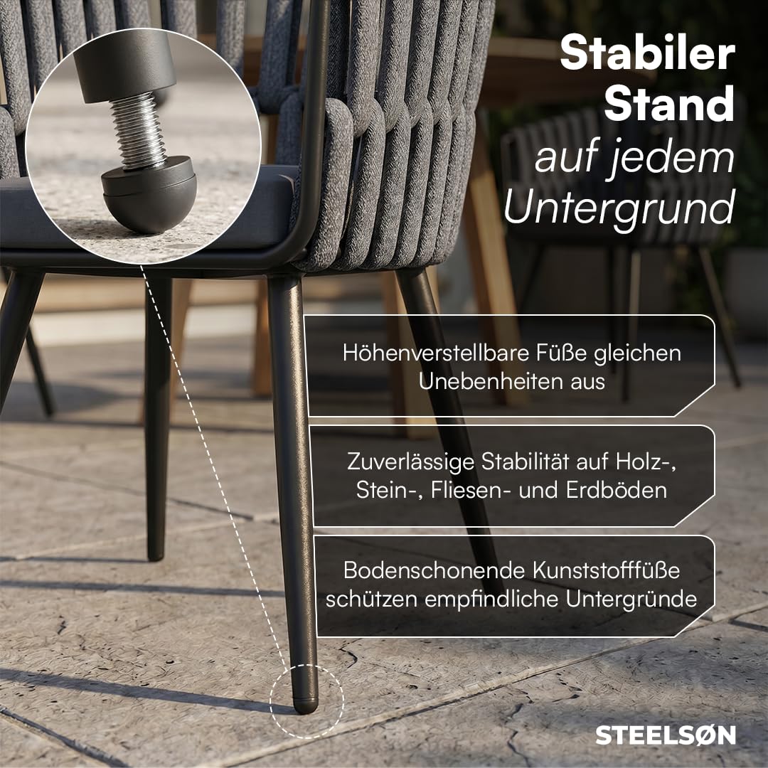 STEELSØN Tarian Gartenstühle im Rope Design – Stühle 6er Set mit Sitzkissen – Loungesessel Indoor/Outdoor – aus Kunststoffgeflecht & Dicke Sitzpolster Garten/Terrasse/Balkon – Stahlgestell dunkelgrau