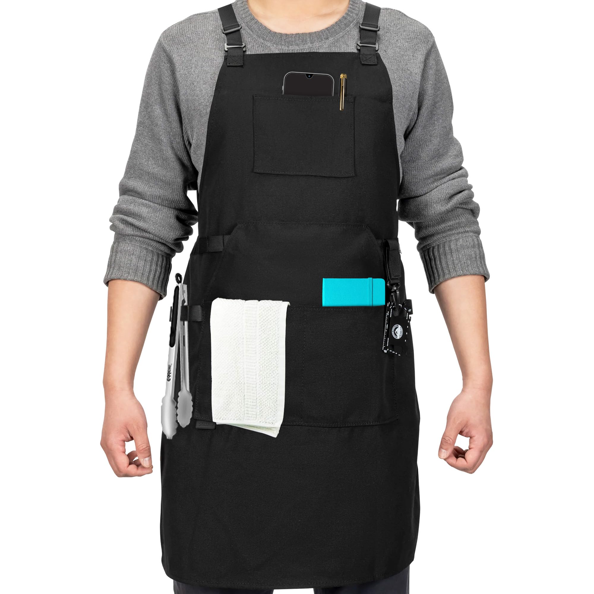 DFACKTO Canvas Chef Apron – Cross Back Straps Mens Apron for Butcher, Bartender, Grilling, BBQ, Kitchen, Workshop & Artist – Heavy Duty with Tactical Buckle, Multitool Card, & Large Pockets – Black