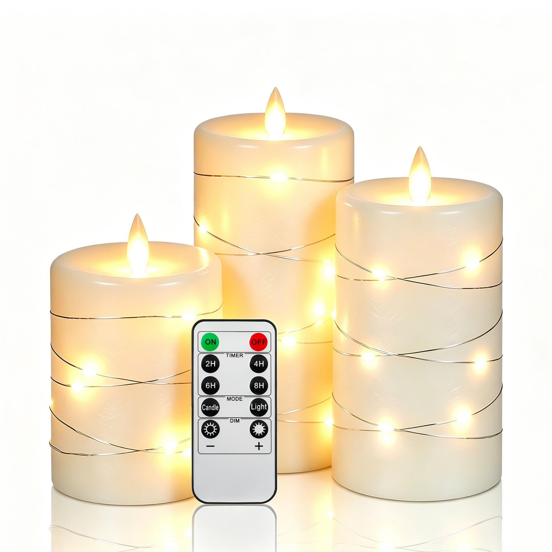 Da by 3 Pack Ivory Real Wax Flameless Taper Candles, Lifelike Flickering LED Flame Candles with Surrounding Fairy String Lights, Soft Warm Battery Candles with Remote for Home Wedding Holiday Decor โ image 1