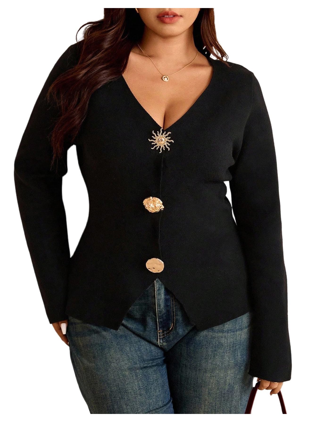 Womens Plus Size Metal Button Down Cardigan Long Sleeve V Neck Knit Sweater Fall Clothes