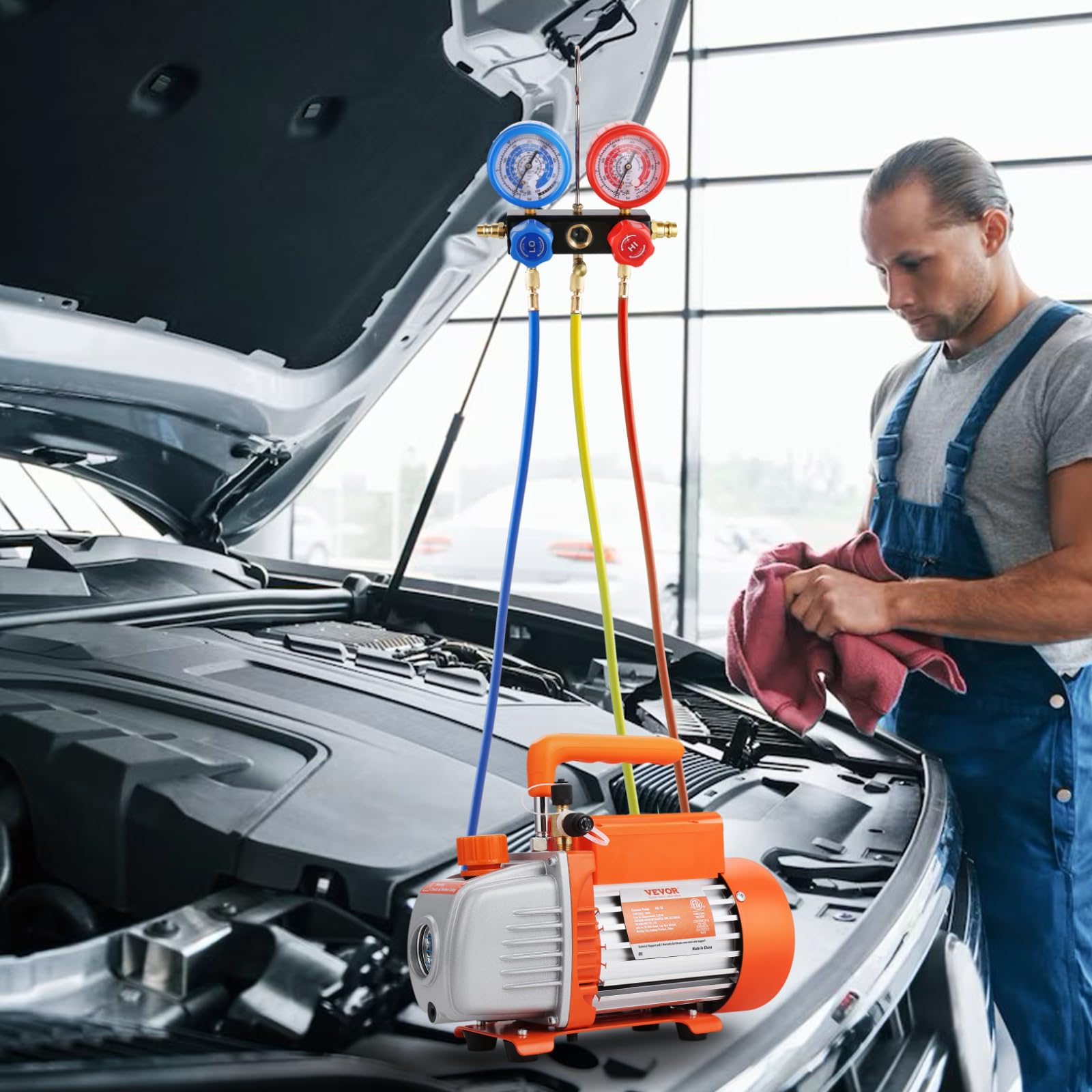 VEVOR Kit Pompa a Vuoto Monostadio per Aria Condizionata di Automobili 150W Pressione tra 55-276 bar, Kit Pompa Vuoto 100 L/min per Riparazione di Condizionatore Frigo Refrigeranti HVAC