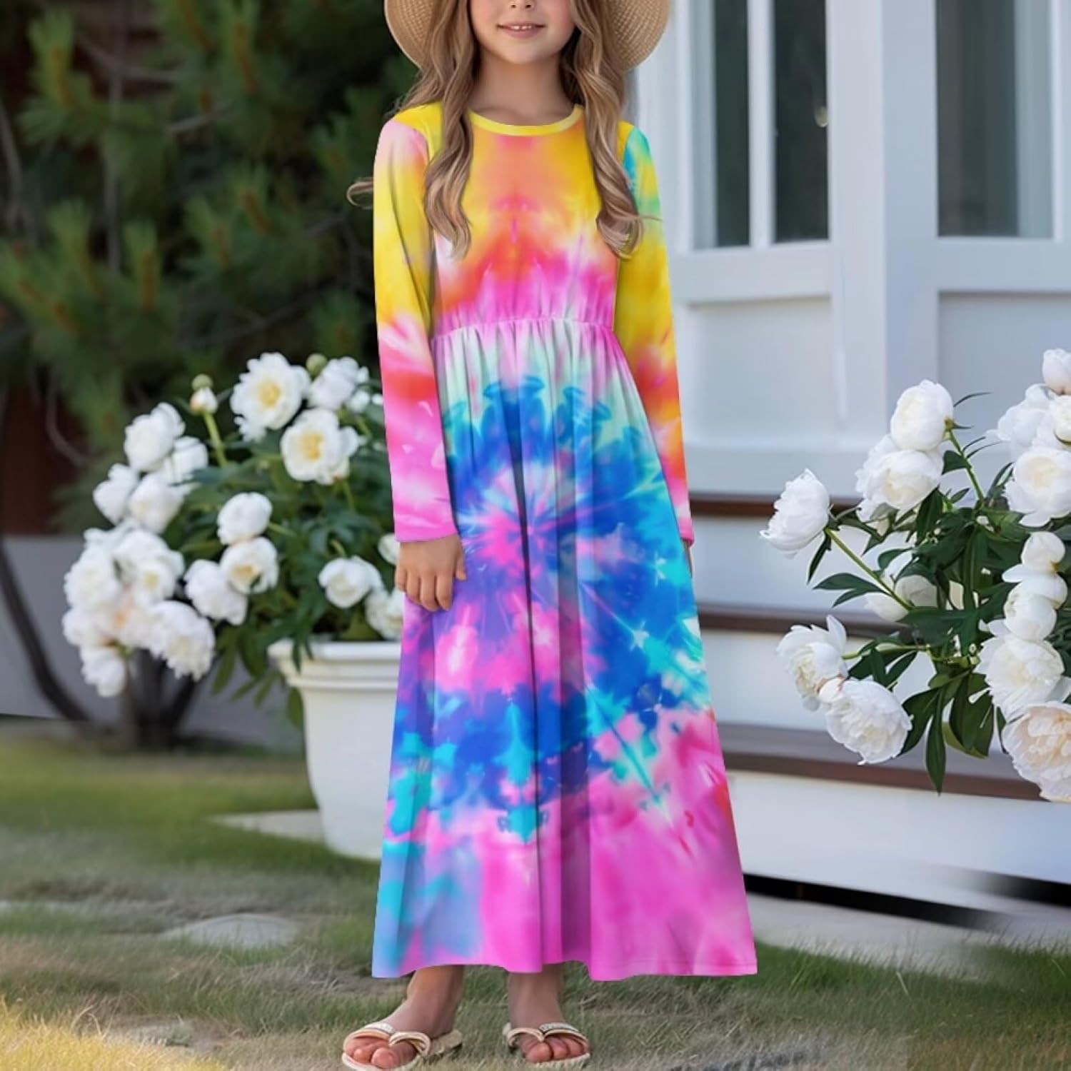 Upetstory Long Sleeve Maxi Dress for Girls Holiday Dresses with Pocket 5-14 Year