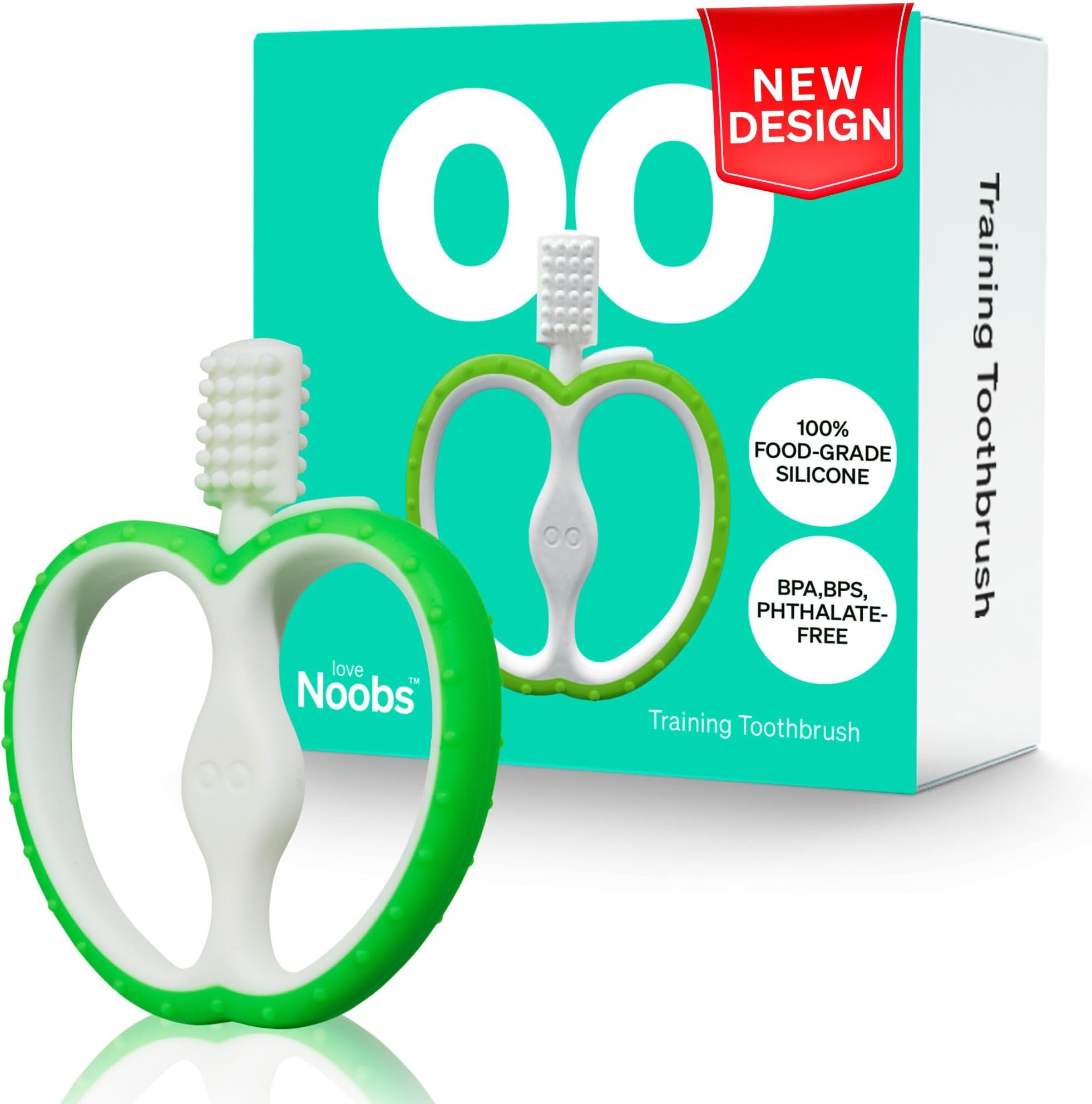 Easy Grip Baby Teething Toothbrush for 4-12 Months by LoveNoobs™, Safe Design, Gentle Bristles for Sensitive Gums, BPA Free Food-Grade Silicone Toothbrush Teether, Green