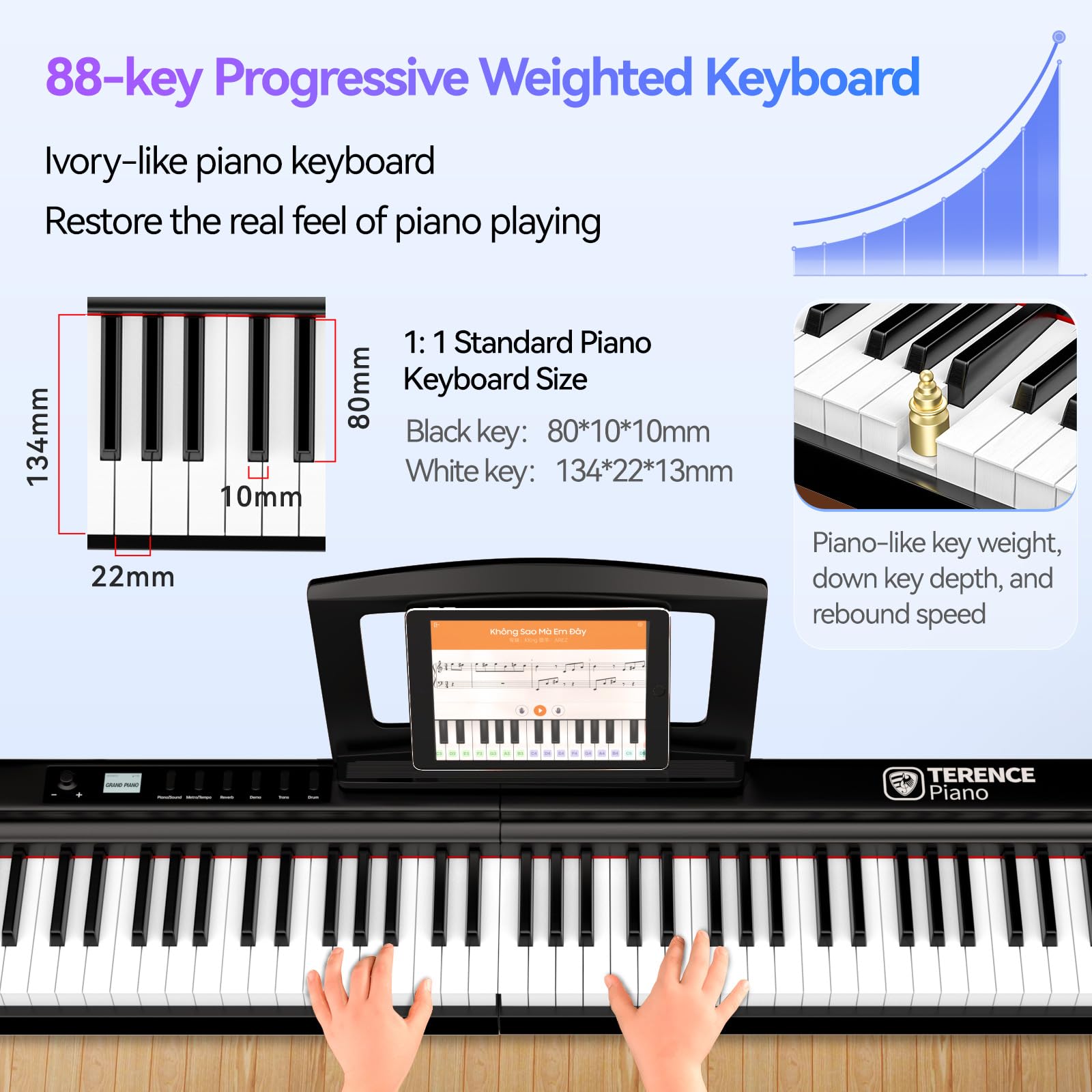 TERENCE pianoforte digitale 88 tasti pesati pieghevole con batteria da 2000 mAh supporto audio Bluetooth MIDI USB con altoparlante da 2 x 25W supporto per leggio