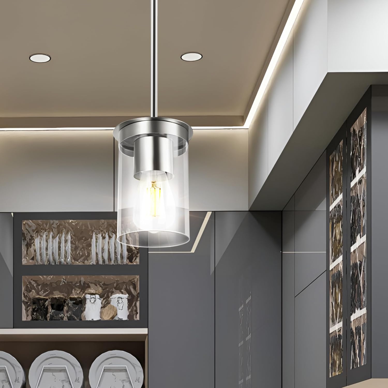 Modern Pendant Light Glass Shade, Kitchen Island Pendant Lighting with Glass Shade for Dining Room,Bedroom, Bar,Office,Farmhouse,Sand Nickel,4.72 Inch Shade 40 Inch Cord