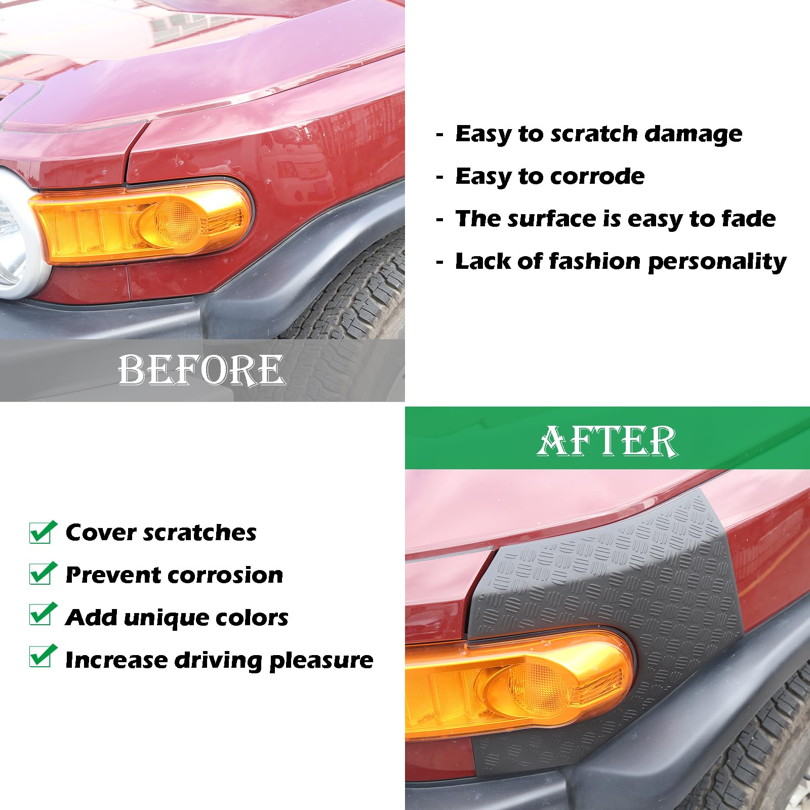 LLKUANG Car Black Cowl Body Armor Outer Cowl Covers Side Corner Guards for Toyota FJ Cruiser 2007-2021,Headlight ABS Hood Side Trim Panel-1 Pair (Combination-6PCS)