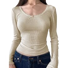 Womens Long Sleeve Henley Tops Casual Button Up Tunic Blouse Ribbed Slim Fit Shirts Y2K Lace Patchwork Pullover Shirt
